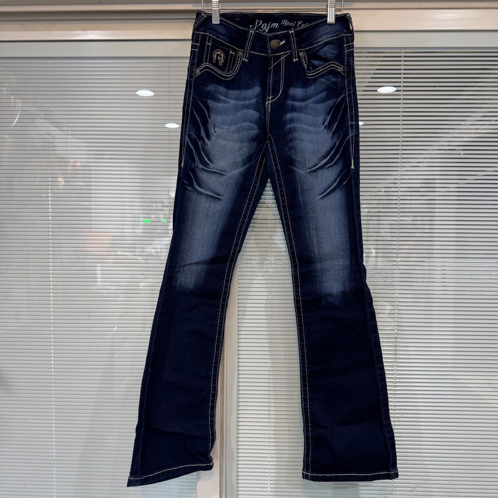 Kajm Premium Woman Dark Wash Bootcut Jeans Contrast Stitch Size 9 Low Rise